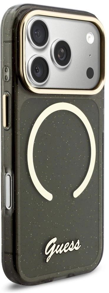 Guess IML Glitter Script Strap MagSafe dėklas skirtas iPhone 17 Pro Juodas