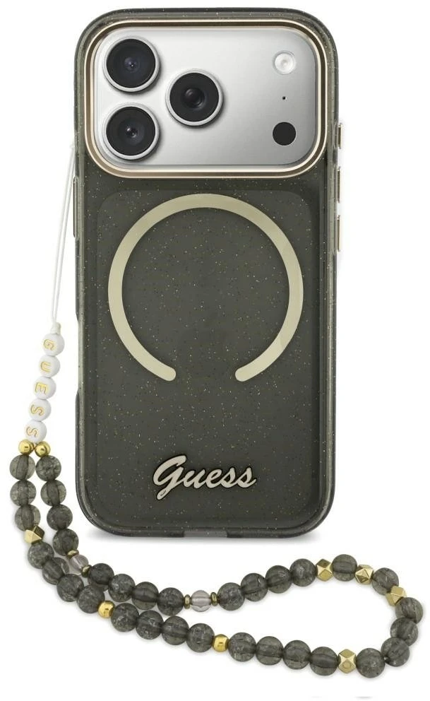 Guess IML Glitter Script Strap MagSafe dėklas skirtas iPhone 17 Pro Juodas