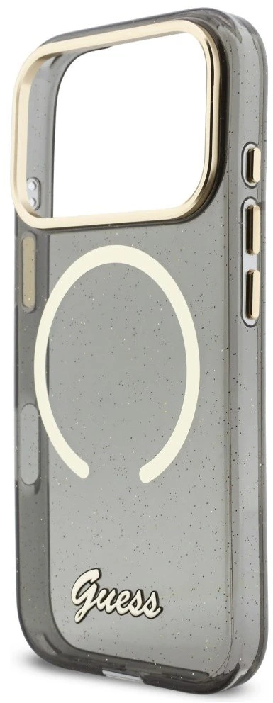 Guess IML Glitter Script Strap MagSafe dėklas skirtas iPhone 17 Pro Juodas