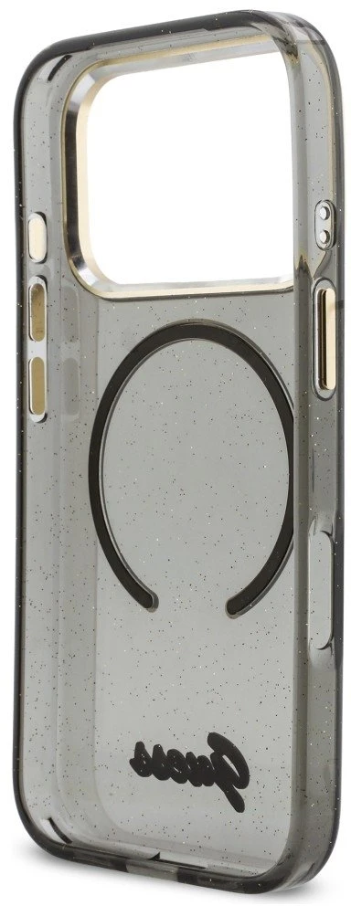 Guess IML Glitter Script Strap MagSafe dėklas skirtas iPhone 17 Pro Juodas
