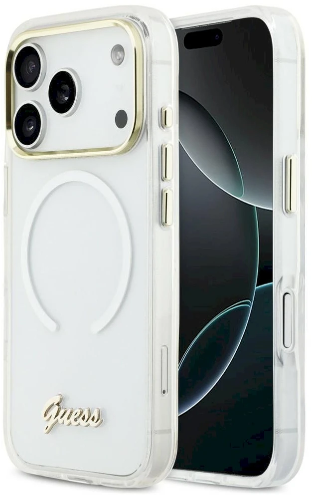 „Guess IML Gradient Script“ metalinis „MagSafe“ dėklas, skirtas „iPhone 17 Pro“ – Baltas