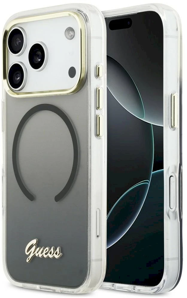 „Guess IML Gradient Script“ metalinis „MagSafe“ dėklas, skirtas „iPhone 17 Pro Max“ – Juodas