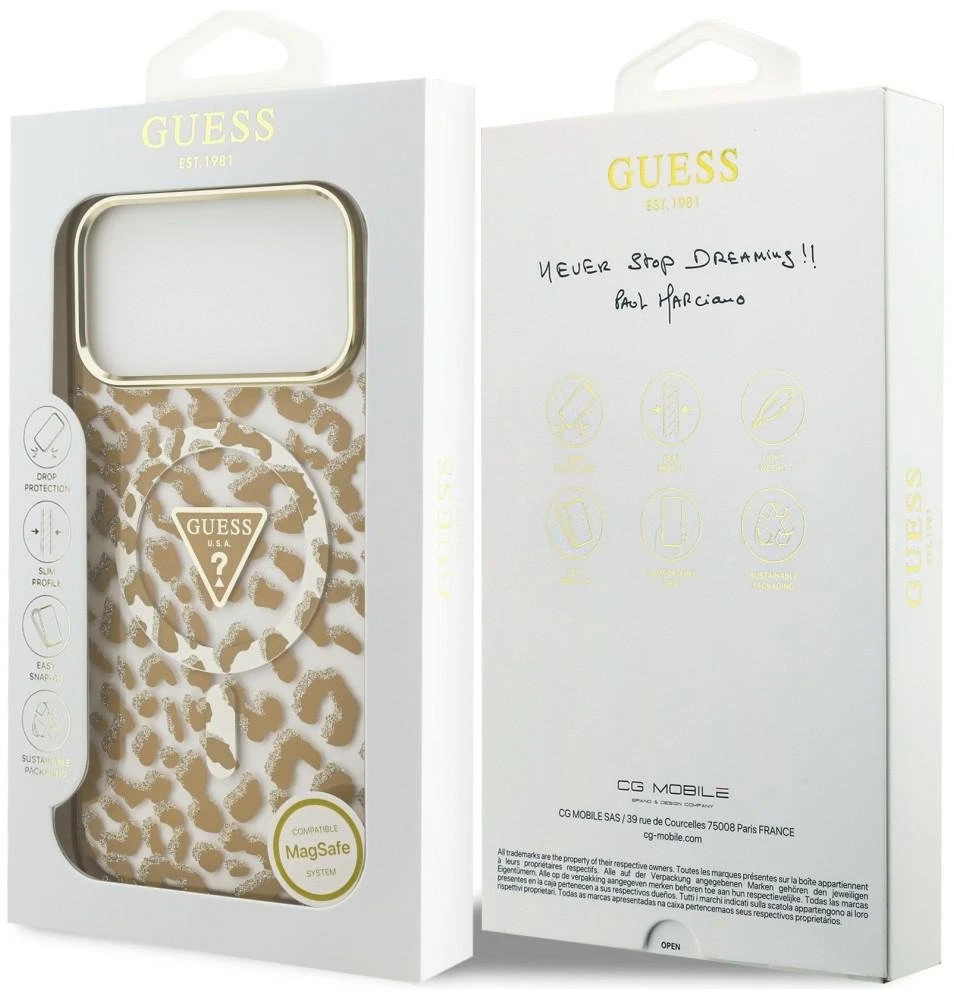 Dėklas Guess IML Leopard Glitter Triangle Logo MagSafe Case for iPhone 17 Pro / 18 Pro - Brown