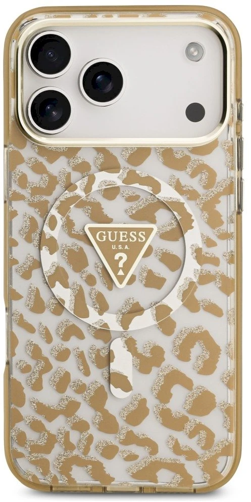 Dėklas Guess IML Leopard Glitter Triangle Logo MagSafe Case for iPhone 17 Pro / 18 Pro - Brown