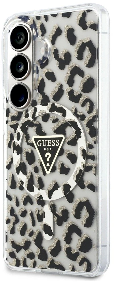 Dėklas Guess IML Leopard Print Triangle MagSafe Samsung Galaxy S26 juodos spalvos