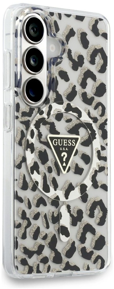 Dėklas Guess IML Leopard Print Triangle MagSafe Samsung Galaxy S26 juodos spalvos