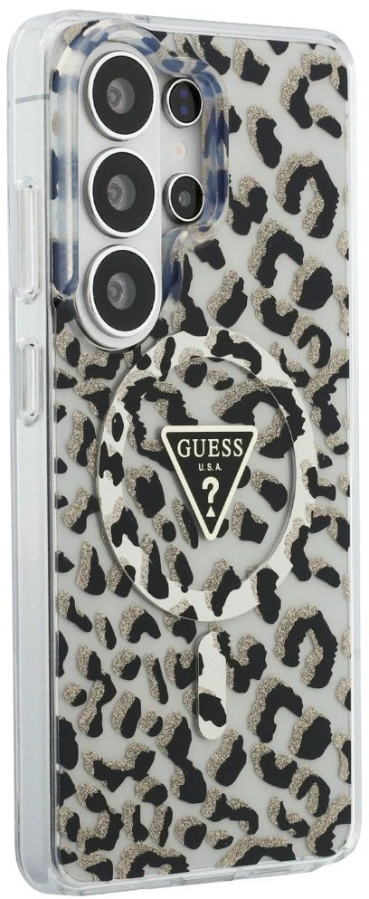 Dėklas Guess IML Leopard Print Triangle MagSafe Samsung Galaxy S26 Ultra juodos spalvos