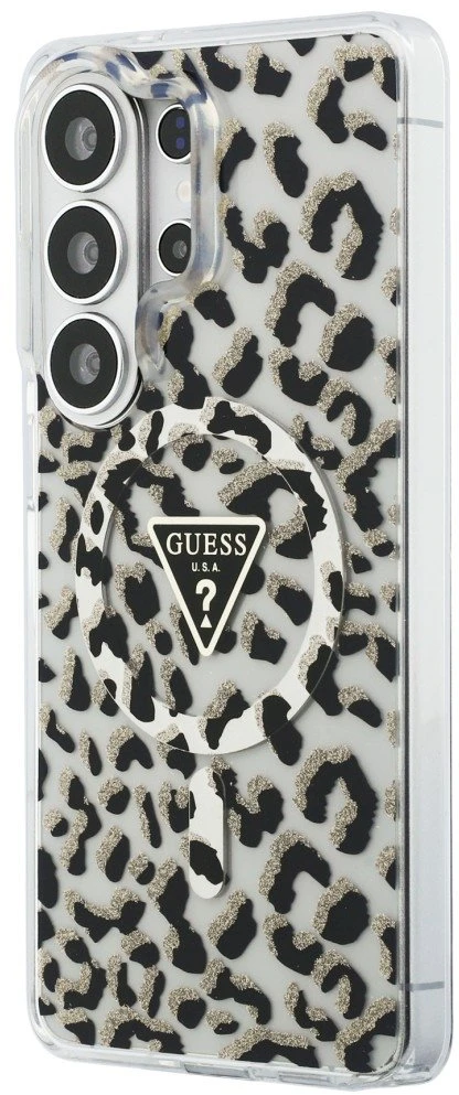 Dėklas Guess IML Leopard Print Triangle MagSafe Samsung Galaxy S26 Ultra juodos spalvos