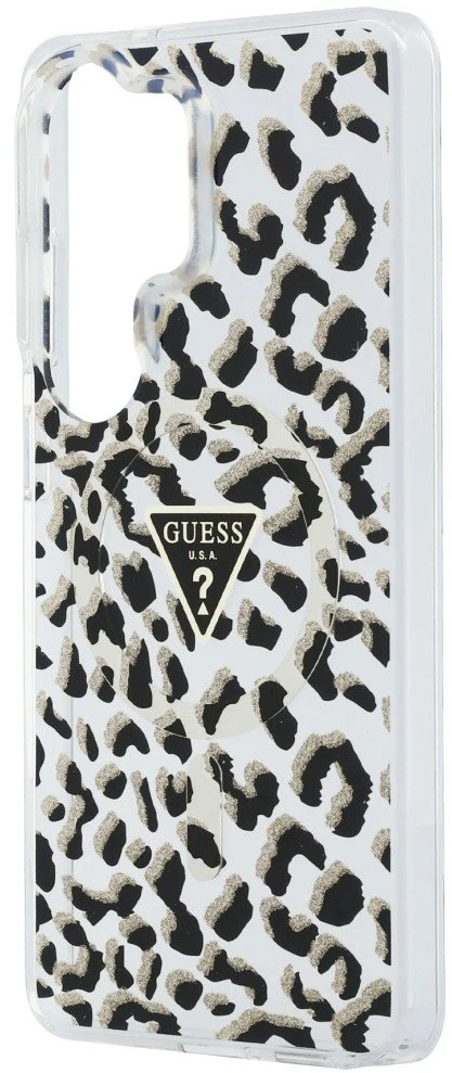 Dėklas Guess IML Leopard Print Triangle MagSafe Samsung Galaxy S26 Ultra juodos spalvos