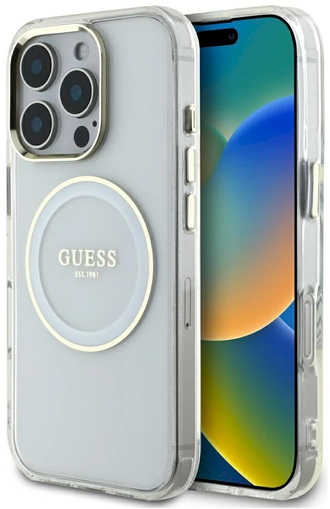 Dėklas Guess IML Metal Colored Circle Classic Logo MagSafe iPhone 16 Pro Max baltos spalvos