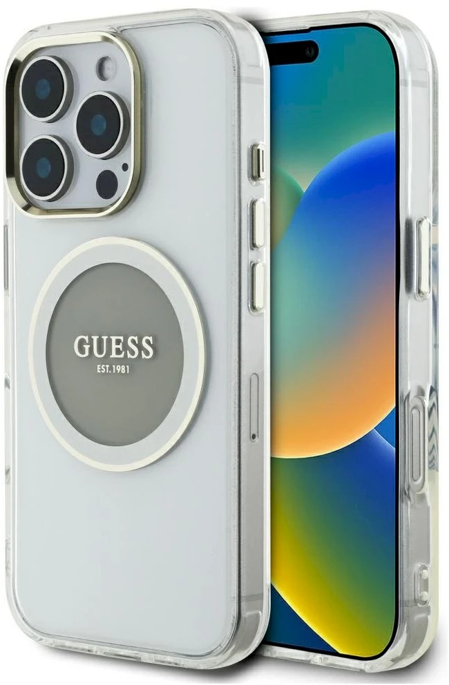 Dėklas Guess IML Metal Colored Circle Classic Logo MagSafe iPhone 16 Pro Max pilkas
