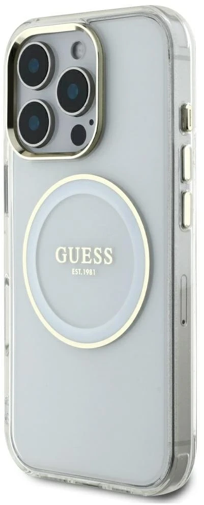 Dėklas Guess IML Metal Colored Circle Classic Logo MagSafe iPhone 16 Pro Max baltos spalvos