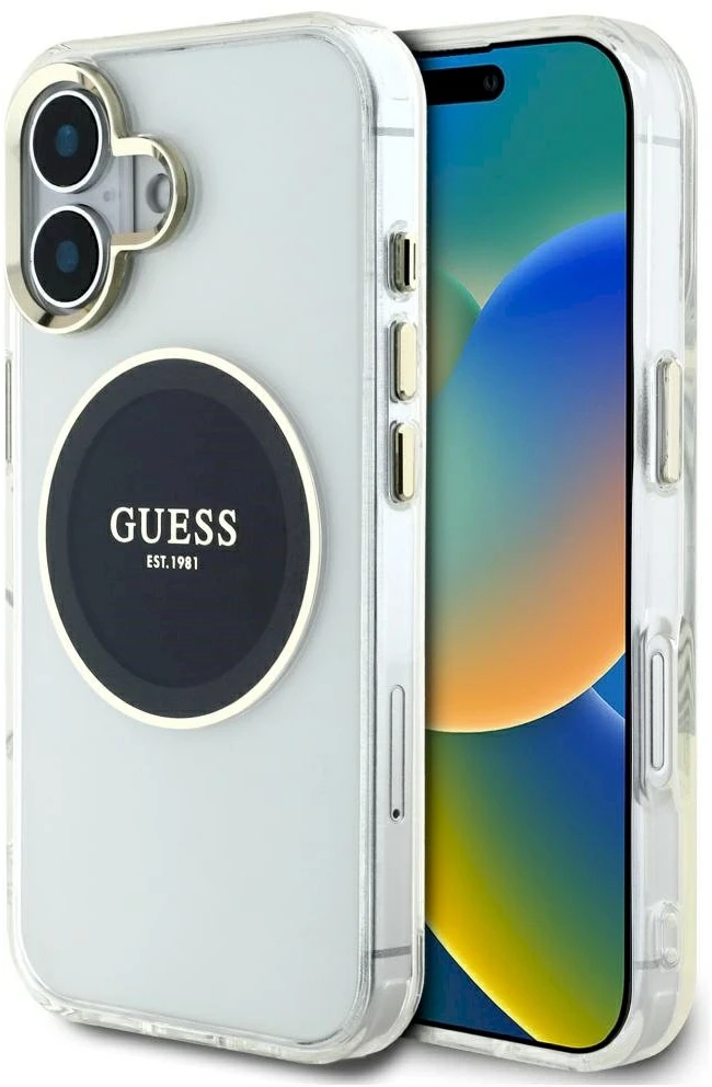 Dėklas Guess IML Metal Colored Circle Classic Logo MagSafe Apple iPhone 16 juodos spalvos