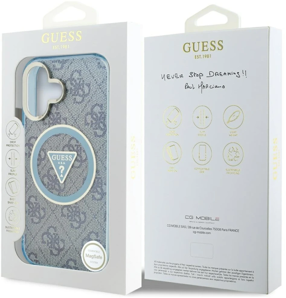 Guess IML Metal Glitter 4G Circle Triangle MagSafe dėklas, skirtas iPhone 16 - Mėlyna