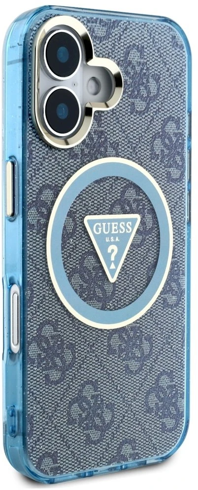 Guess IML Metal Glitter 4G Circle Triangle MagSafe dėklas, skirtas iPhone 16 - Mėlyna