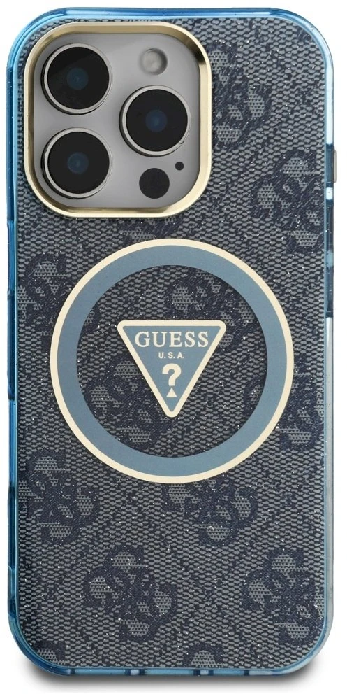Guess IML Metal Glitter 4G Circle Triangle MagSafe dėklas, skirtas iPhone 16 Pro - Mėlyna