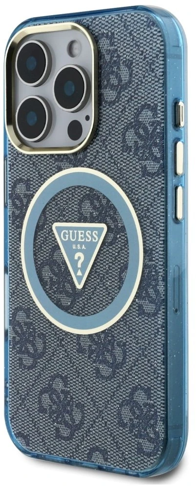 Guess IML Metal Glitter 4G Circle Triangle MagSafe dėklas, skirtas iPhone 16 Pro - Mėlyna