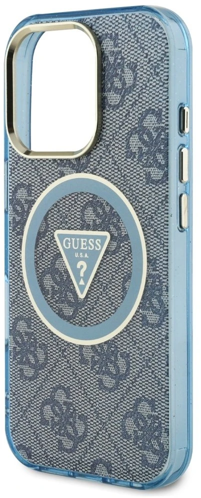 Guess IML Metal Glitter 4G Circle Triangle MagSafe dėklas, skirtas iPhone 16 Pro - Mėlyna