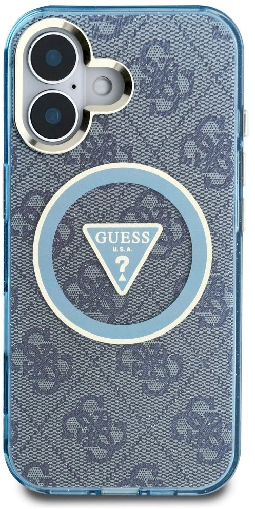 Guess IML Metal Glitter 4G Circle Triangle MagSafe dėklas, skirtas iPhone 16 - Mėlyna