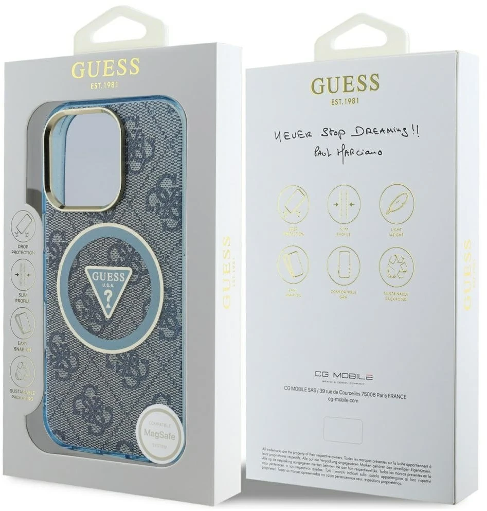 Guess IML Metal Glitter 4G Circle Triangle MagSafe dėklas, skirtas iPhone 16 Pro - Mėlyna