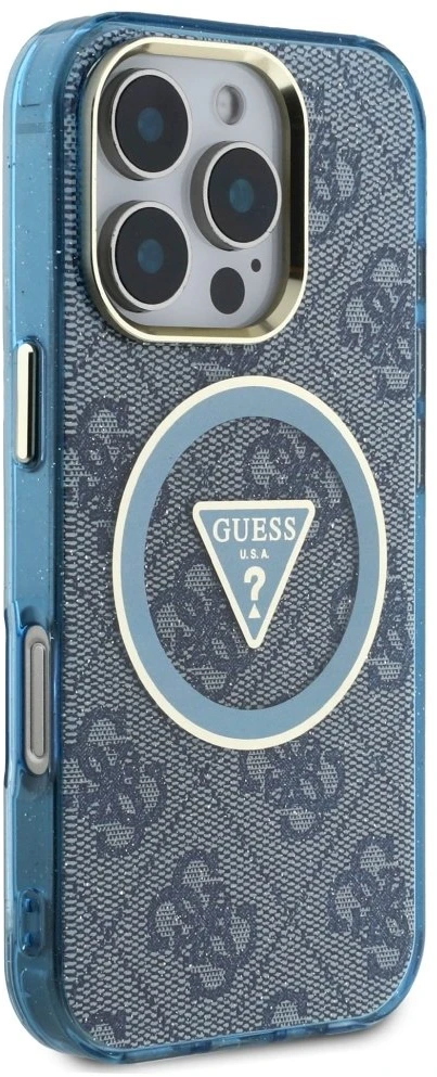 Guess IML Metal Glitter 4G Circle Triangle MagSafe dėklas, skirtas iPhone 16 Pro - Mėlyna