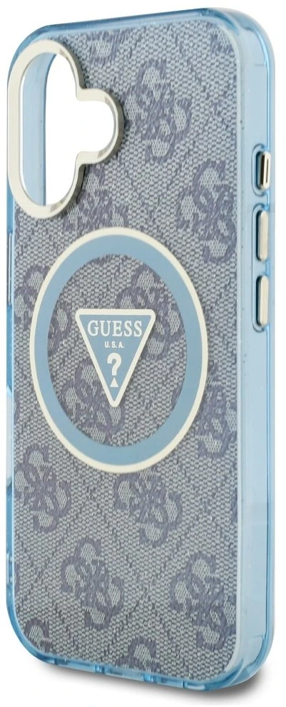 Guess IML Metal Glitter 4G Circle Triangle MagSafe dėklas, skirtas iPhone 16 - Mėlyna