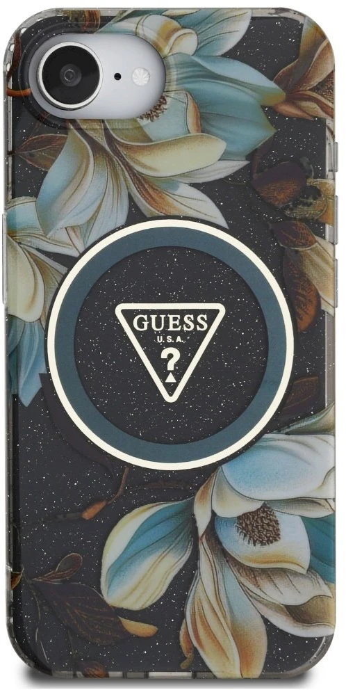 Guess IML Metal Glitter Flowers Triangle MagSafe dėklas iPhone 16e - juodas