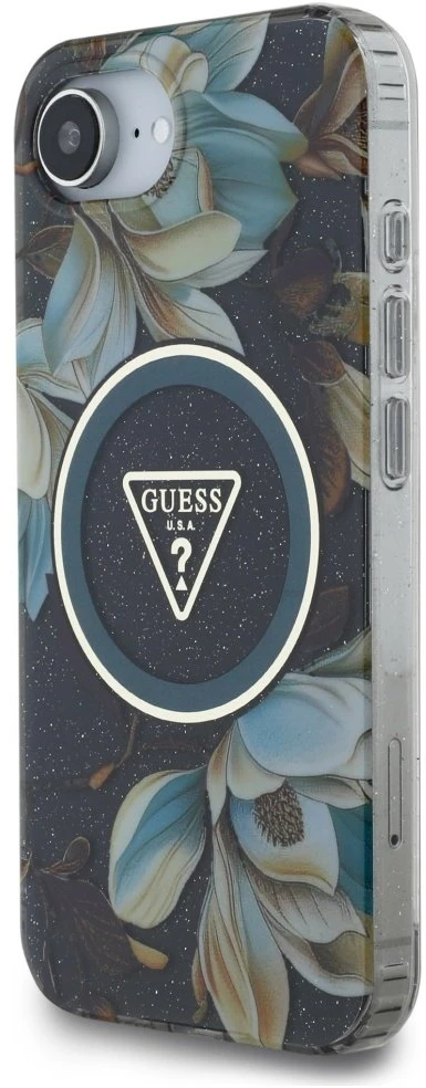 Guess IML Metal Glitter Flowers Triangle MagSafe dėklas iPhone 16e - juodas
