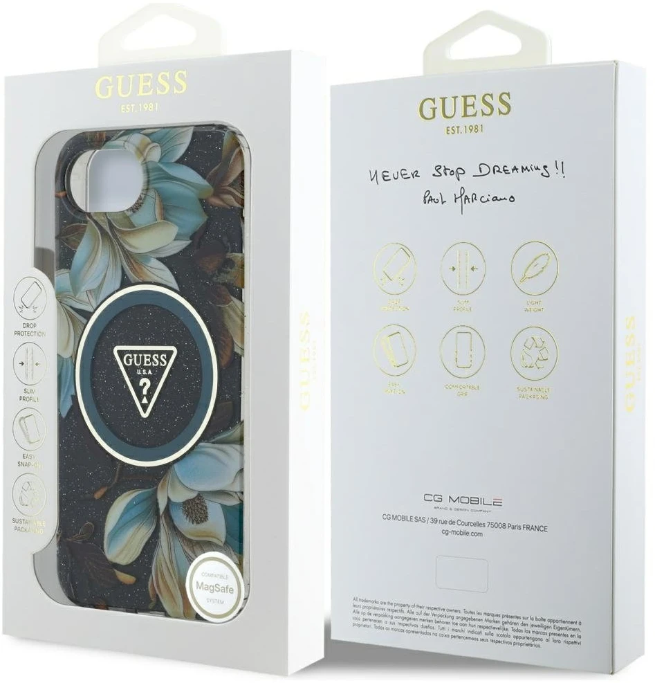 Guess IML Metal Glitter Flowers Triangle MagSafe dėklas iPhone 16e - juodas