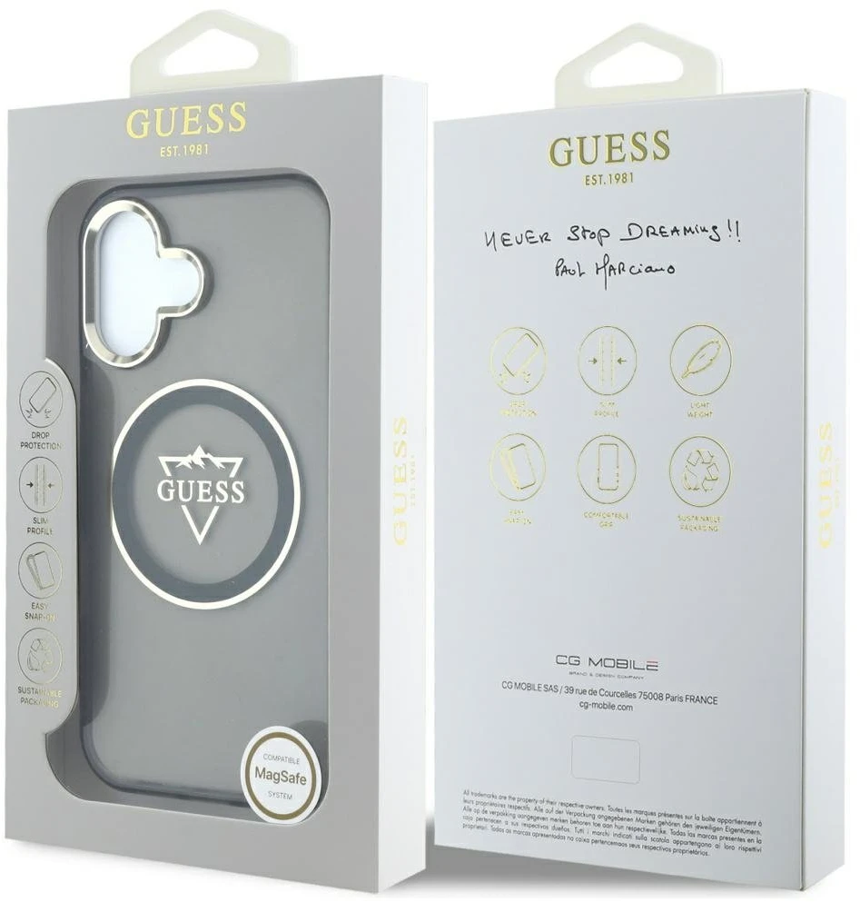 Dėklas Guess IML Metal Mountain Logo MagSafe Apple iPhone 16 juodos spalvos