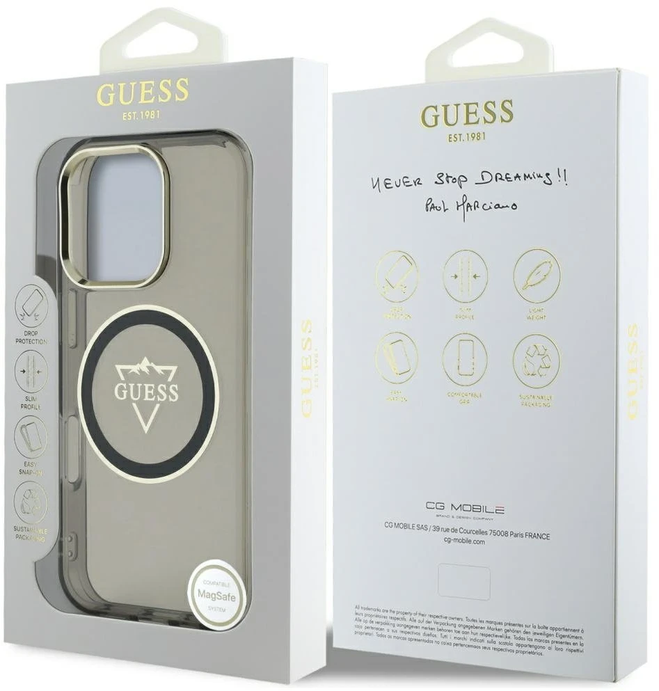 Dėklas Guess IML Metal Mountain Logo MagSafe Apple iPhone 16 Pro juodos spalvos