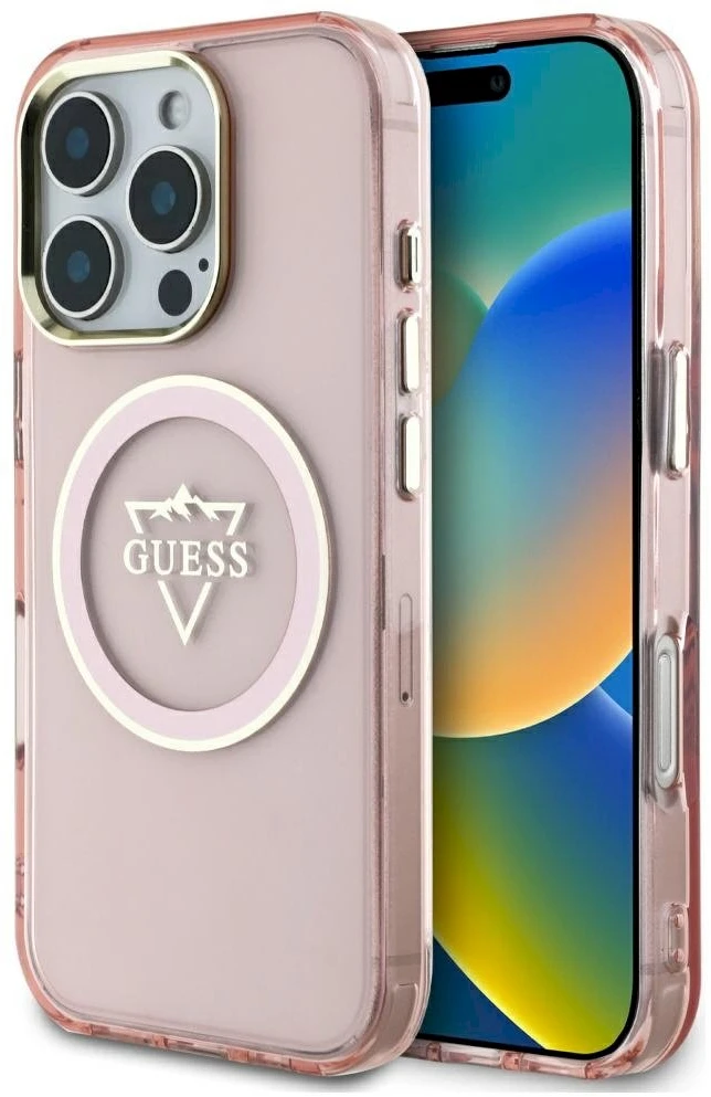 Guess IML Metal Mountain Logo MagSafe Apple iPhone 16 Pro Max dėklas telefonui rožinės spalvos