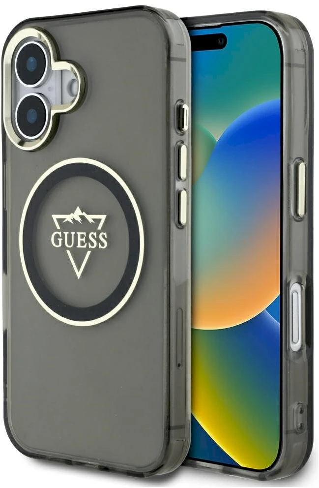 Dėklas Guess IML Metal Mountain Logo MagSafe Apple iPhone 16 juodos spalvos