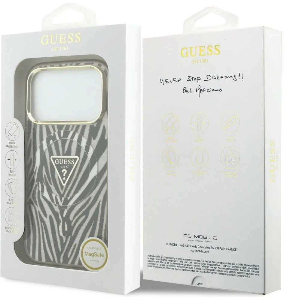 Guess IML Zebra Blizgus Trikampis Logotipas MagSafe iPhone 17 Pro / 18 Pro Dėklas – Auksinis