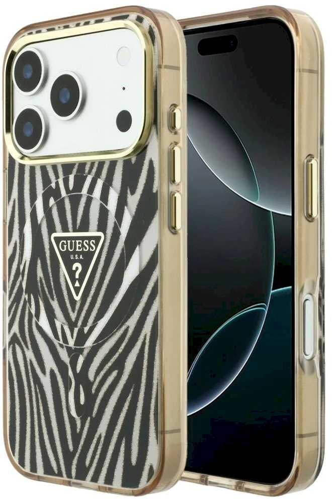 Guess IML Zebra Blizgus Trikampis Logotipas MagSafe iPhone 17 Pro / 18 Pro Dėklas – Auksinis