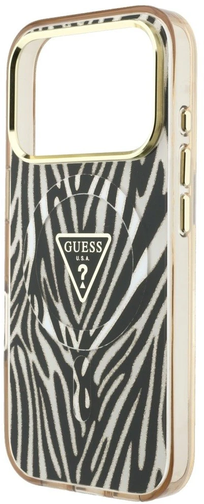 Guess IML Zebra Blizgus Trikampis Logotipas MagSafe iPhone 17 Pro / 18 Pro Dėklas – Auksinis