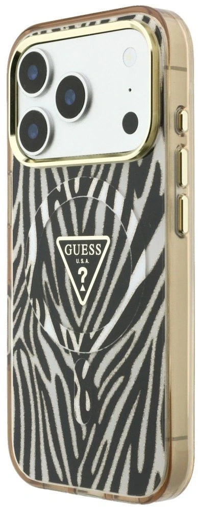 Guess IML Zebra Blizgus Trikampis Logotipas MagSafe iPhone 17 Pro / 18 Pro Dėklas – Auksinis
