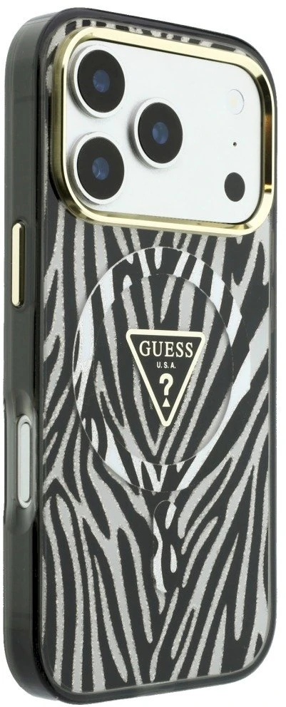 Guess IML zebra blizgi trikampio logotipo MagSafe dėklas iPhone 17 Pro Max / 18 Pro Max - Sidabrinis