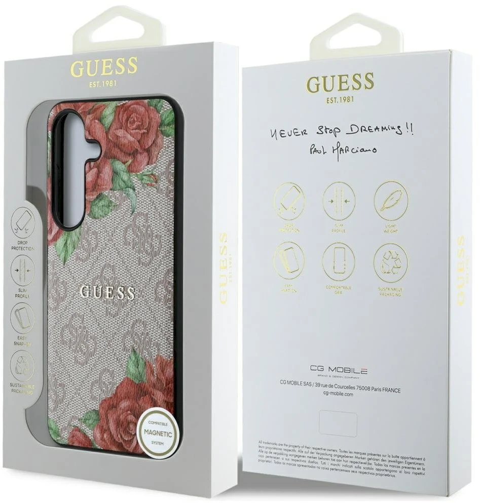 Guess Leather 4G Flowers Print Metal Classic Logo MagSafe Samsung Galaxy S25 dėklas rožinės spalvos