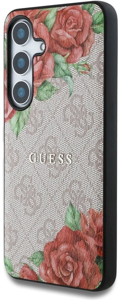Guess Leather 4G Flowers Print Metal Classic Logo MagSafe Samsung Galaxy S25 dėklas rožinės spalvos