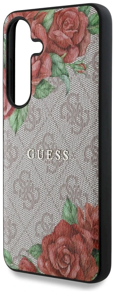 Guess Leather 4G Flowers Print Metal Classic Logo MagSafe Samsung Galaxy S25 dėklas rožinės spalvos