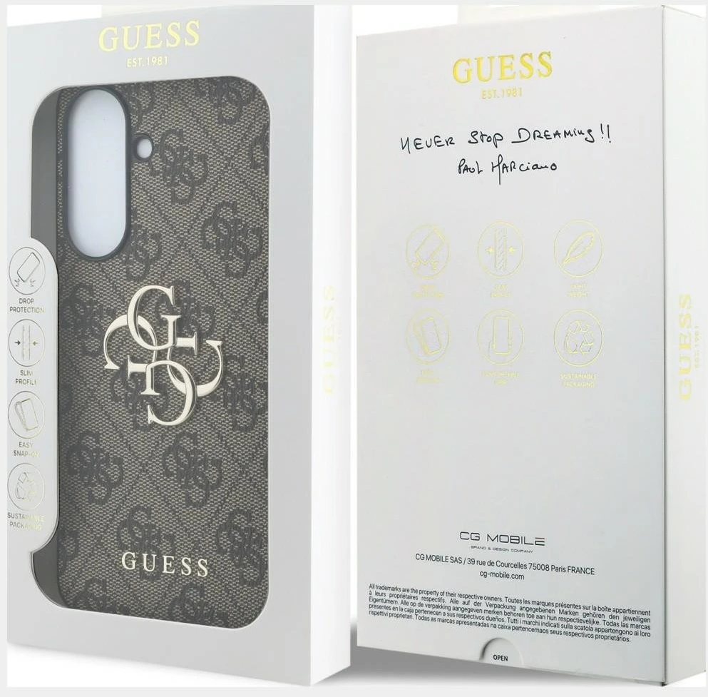 Guess PU 4G Metal Logo dėklas skirtas Samsung Galaxy A37 rudos spalvos