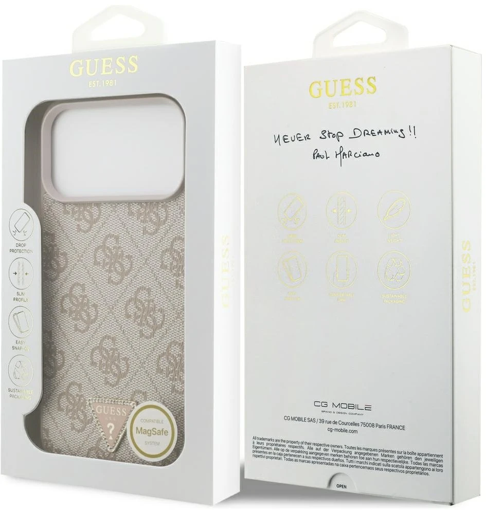 Guess Leather 4G Triangle Strass MagSafe dėklas, skirtas iPhone 17 Pro Max / 18 Pro Max - Rožinė
