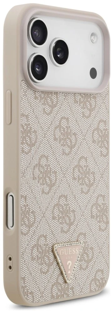 Guess Leather 4G Triangle Strass MagSafe dėklas, skirtas iPhone 17 Pro Max / 18 Pro Max - Rožinė