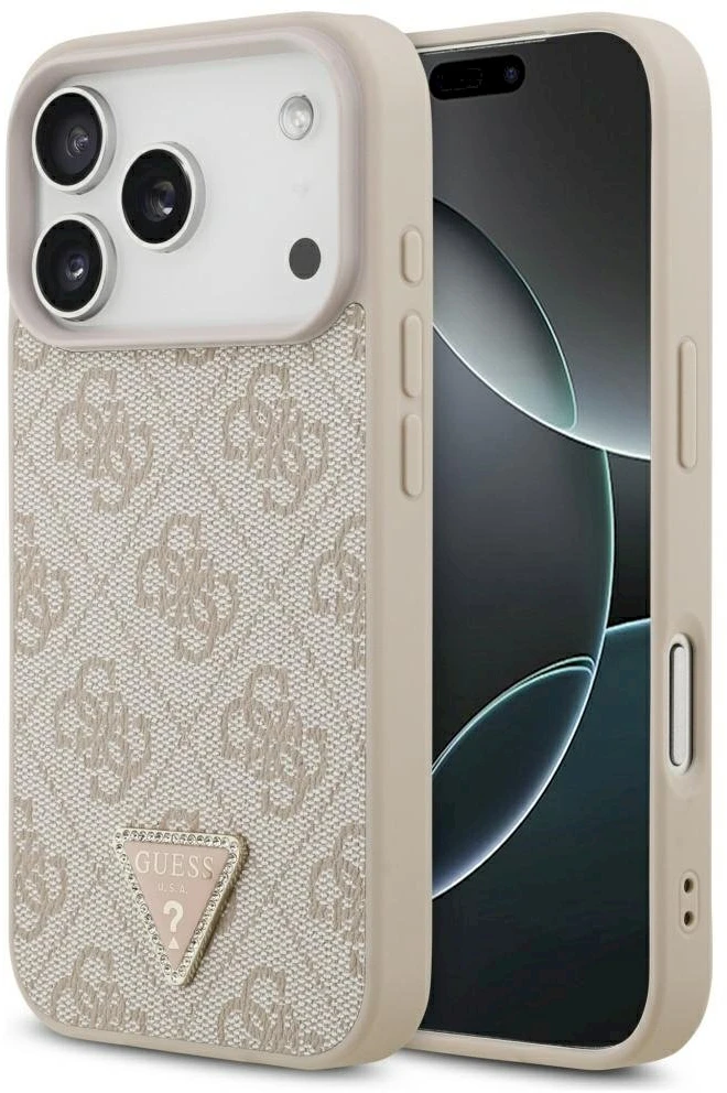 Guess Leather 4G Triangle Strass MagSafe dėklas Apple iPhone 17 Pro rožinės spalvos