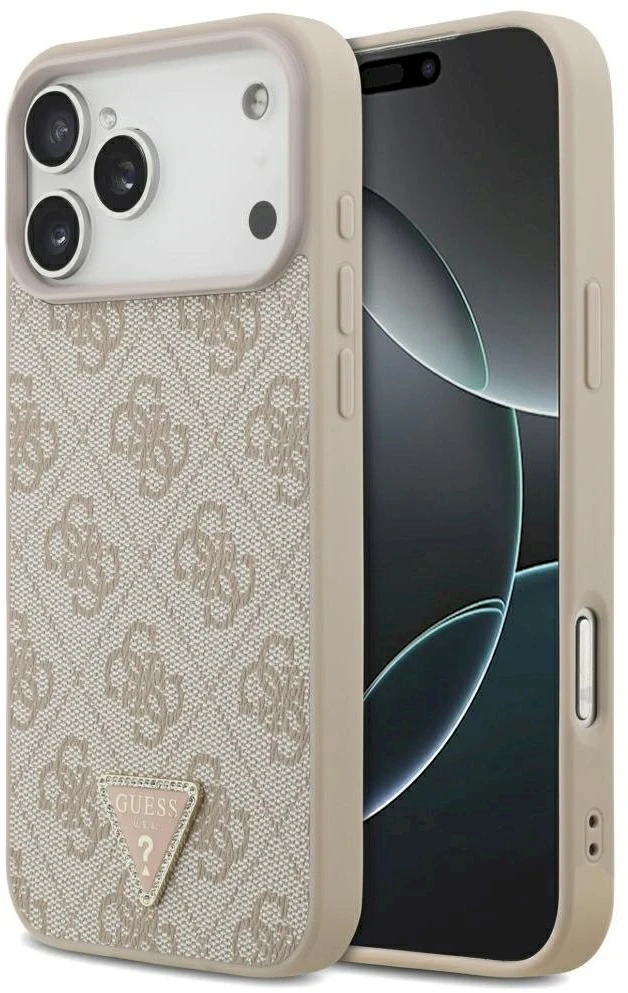 Guess Leather 4G Triangle Strass MagSafe dėklas, skirtas iPhone 17 Pro Max / 18 Pro Max - Rožinė