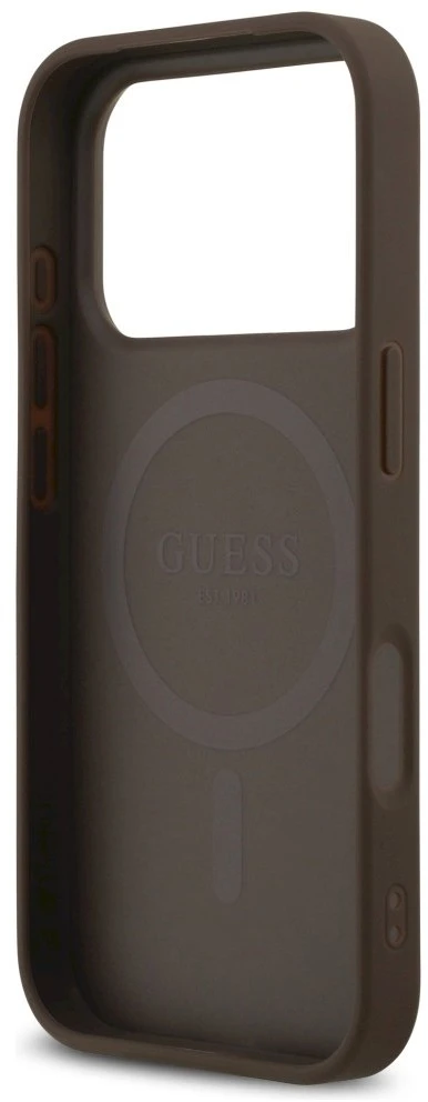 Original dėklas GUESS Leather 4G Triangle Strass MagSafe skirtas Apple iPhone 17 Pro rudos spalvos