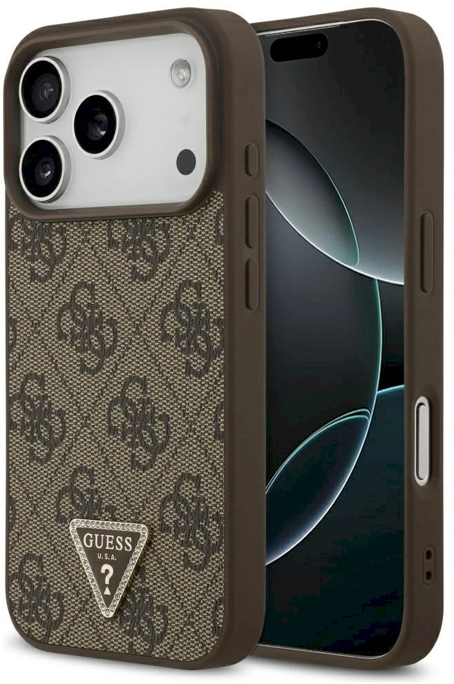 Original dėklas GUESS Leather 4G Triangle Strass MagSafe skirtas Apple iPhone 17 Pro rudos spalvos