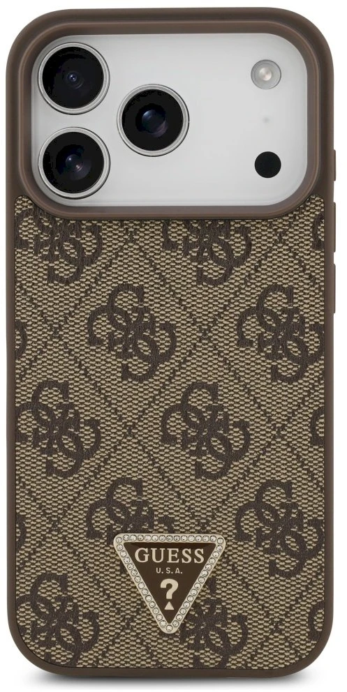 Original dėklas GUESS Leather 4G Triangle Strass MagSafe skirtas Apple iPhone 17 Pro rudos spalvos