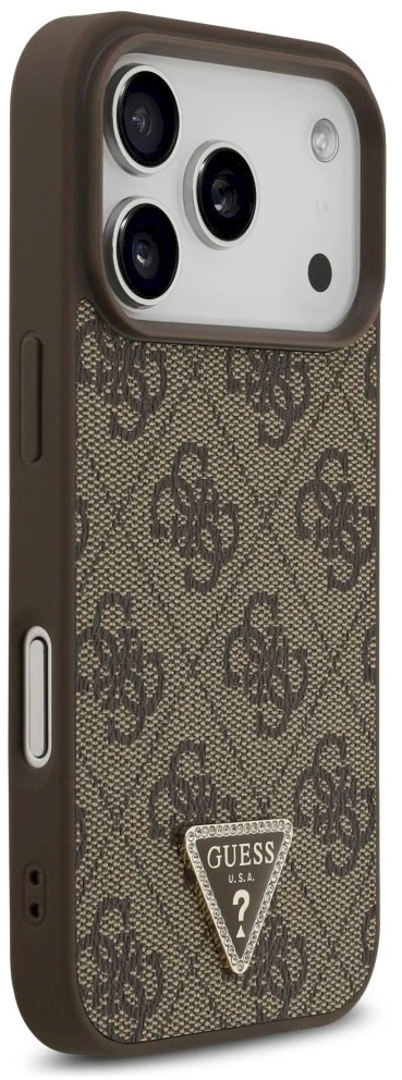 Original dėklas GUESS Leather 4G Triangle Strass MagSafe skirtas Apple iPhone 17 Pro rudos spalvos